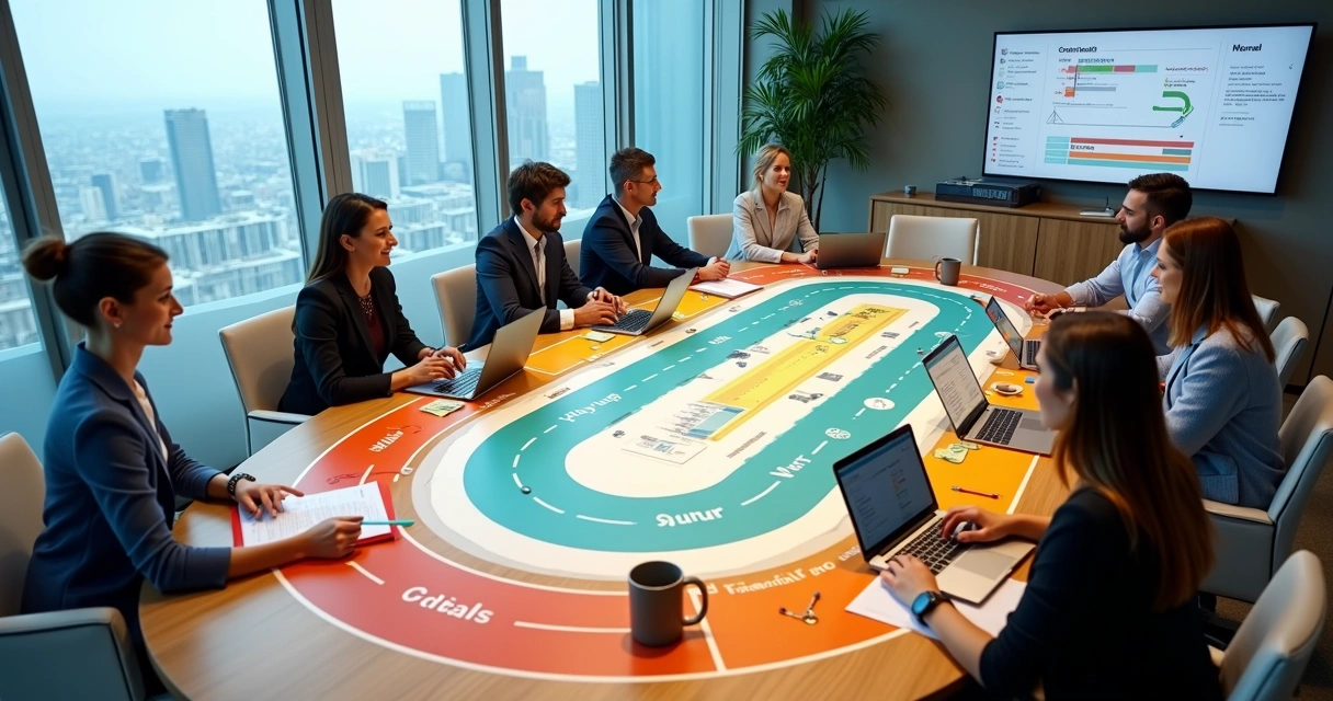 Equipe de vendas B2B em mesa em forma de trilho onboarding com etapas visuais 