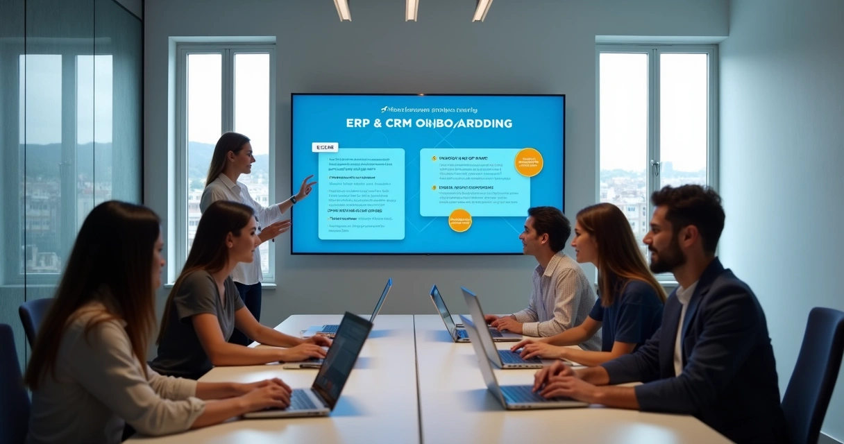 Equipe recebendo treinamento prático de software ERP e CRM. 