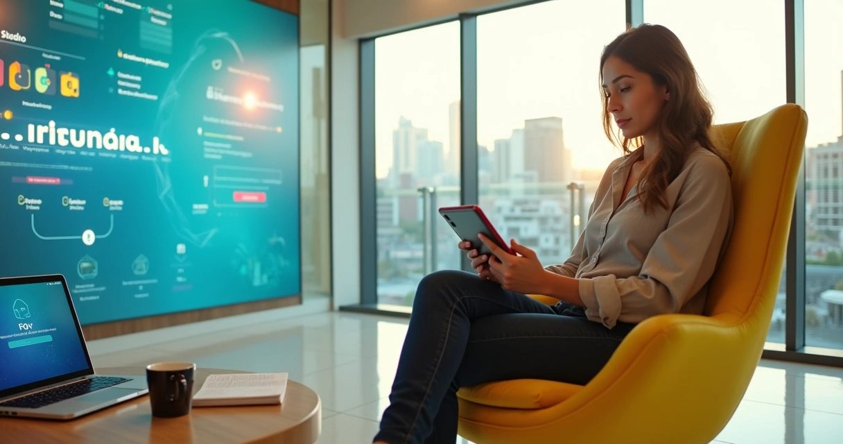 Nova funcionária sendo recebida por tutorial visual em app empresarial em tablet 