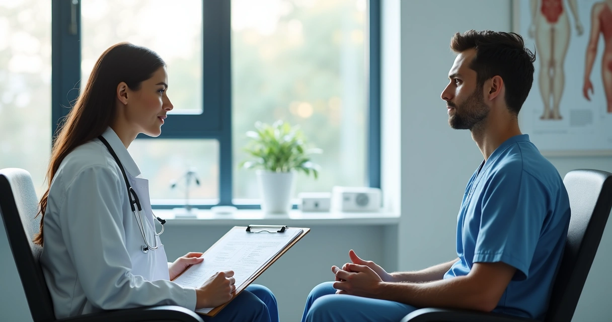 Médico e paciente discutindo resultados médicos em ambiente hospitalar iluminado e moderno 