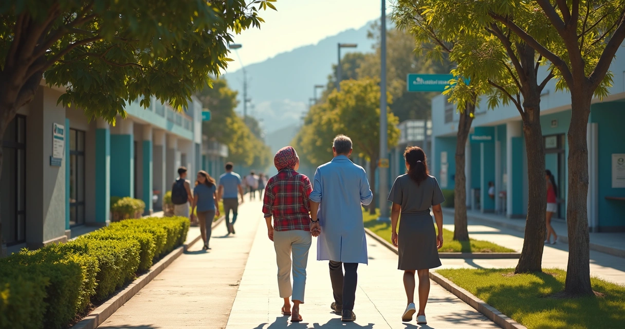 Vista aérea de médico caminhando com paciente entre clínicas em diferentes bairros da cidade 