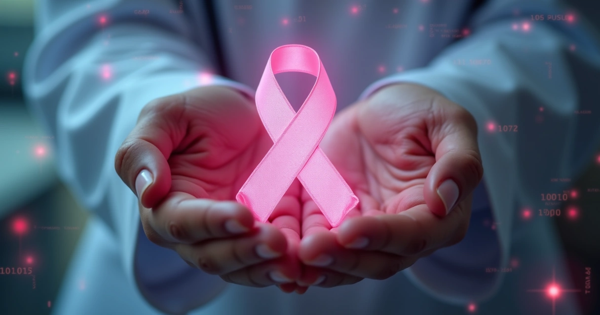 Mãos segurando cuidadosamente uma fita rosa com elementos digitais ao fundo representando tecnologia e cuidado na oncologia 