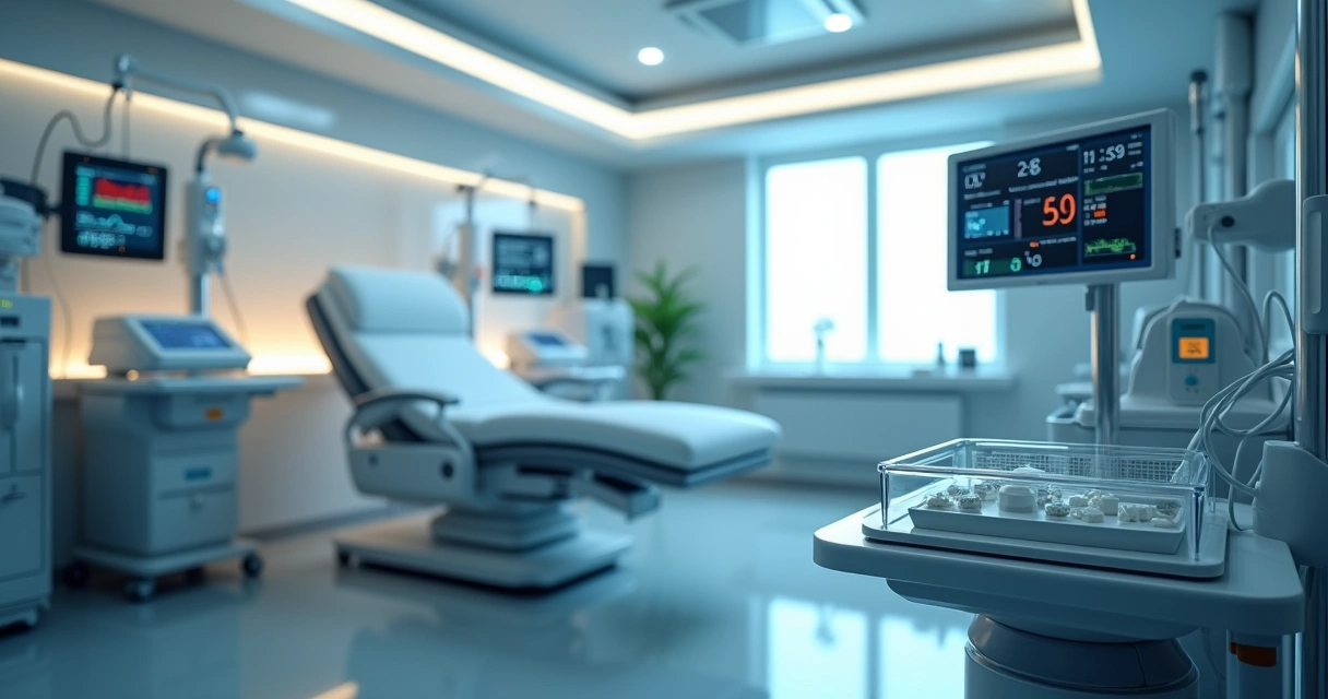 Equipamentos modernos de oncologia em sala de tratamento hospitalar com iluminação branca e azul 