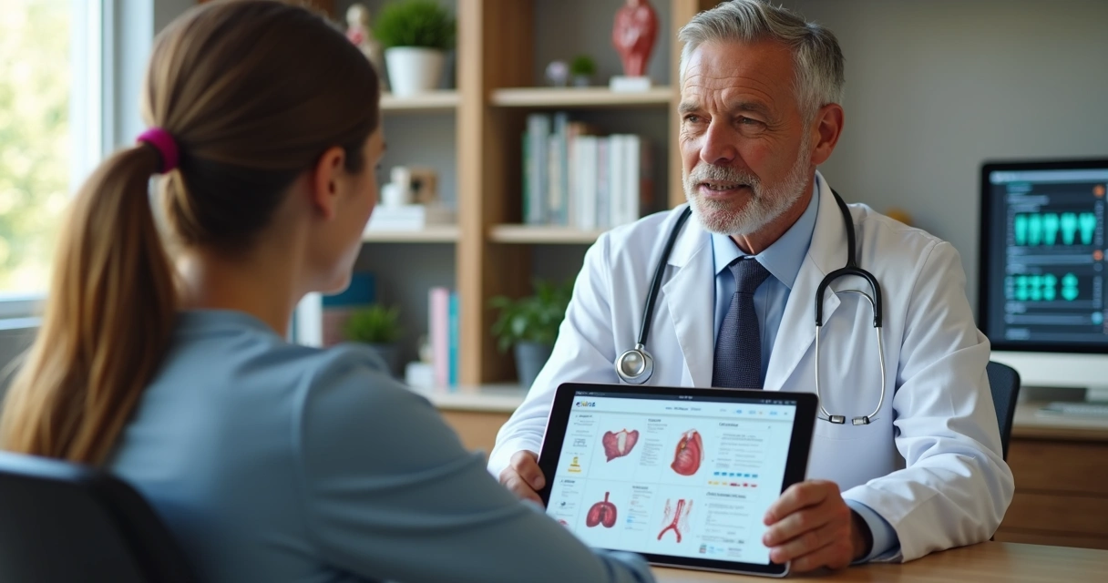 Oncologista conversando com paciente em consultório moderno com equipamentos médicos 