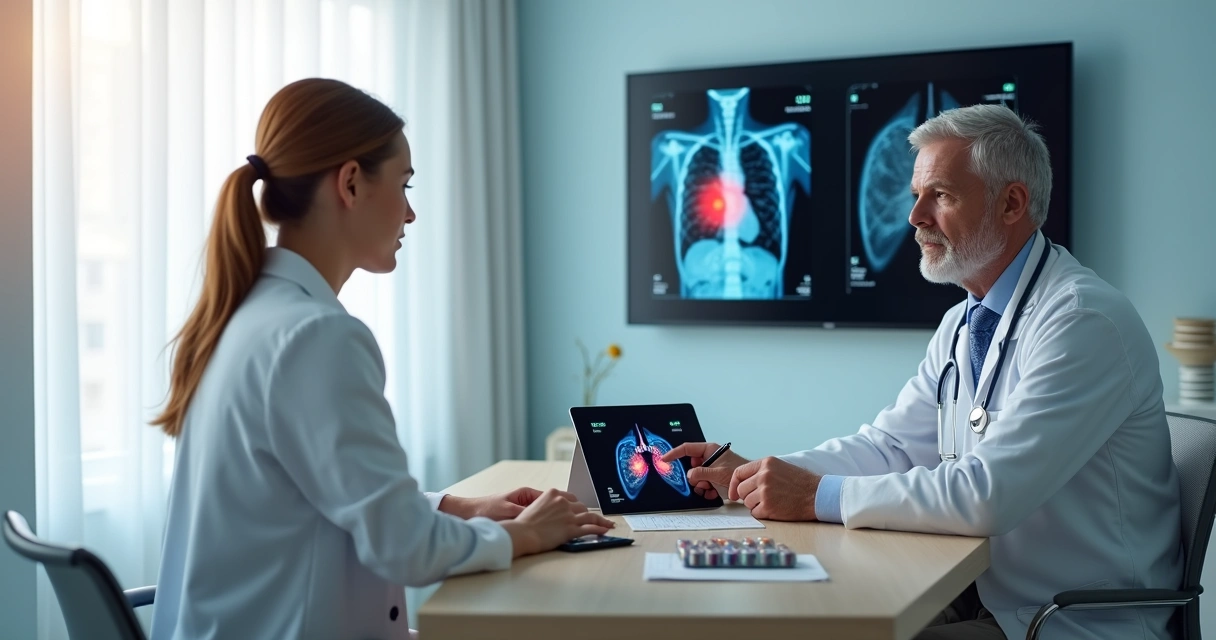 Oncologista explicando tratamento moderno de câncer de pulmão a paciente em consultório 