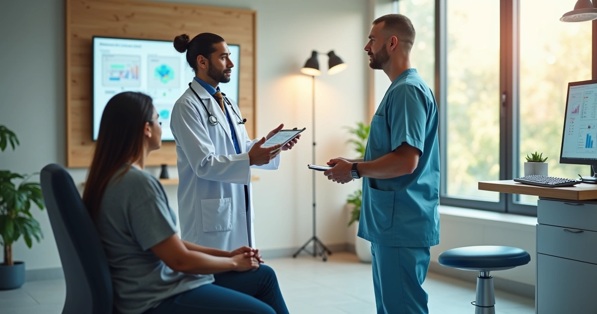 Oncologista clínico e cirurgião oncológico conversando com paciente em consultório moderno e iluminado 