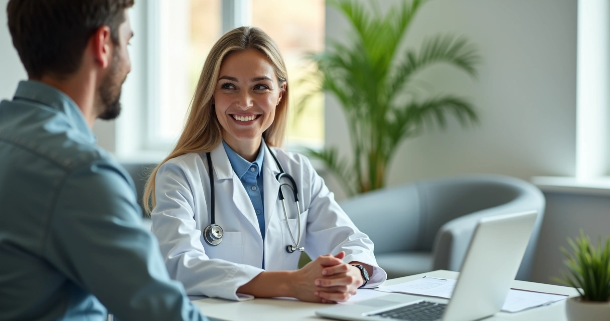 Médica oncologista atendendo paciente adulto em consultório moderno e humanizado 