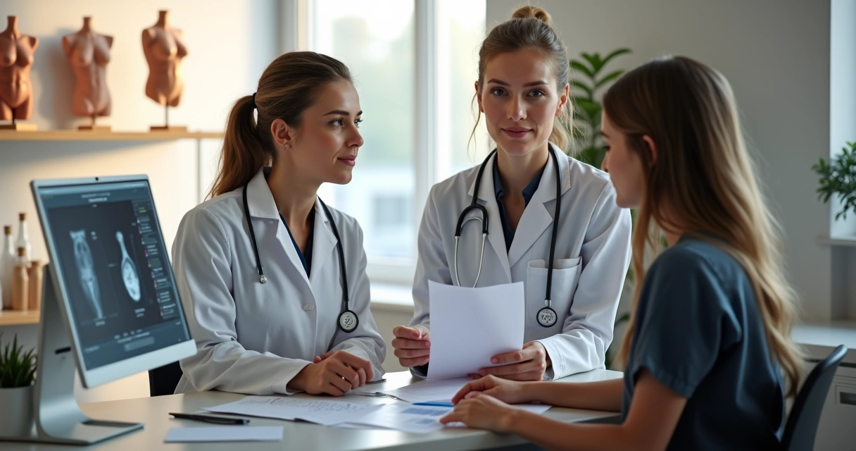 Médica oncologista e médica mastologista consultando paciente em ambiente clínico moderno 