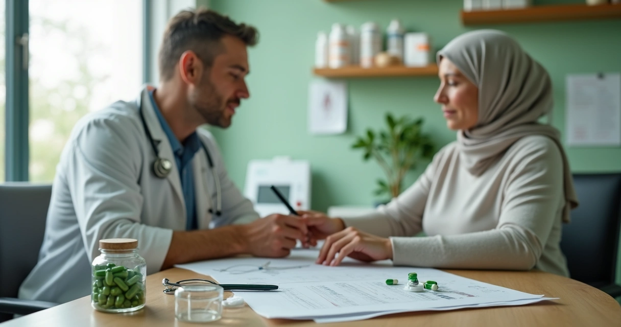 Oncologista e paciente analisando cápsulas de moringa sobre a mesa durante consulta. 