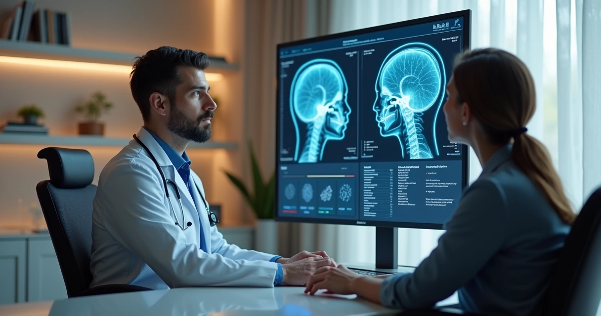 Oncologista revisando exames com paciente em consultório clínico moderno 