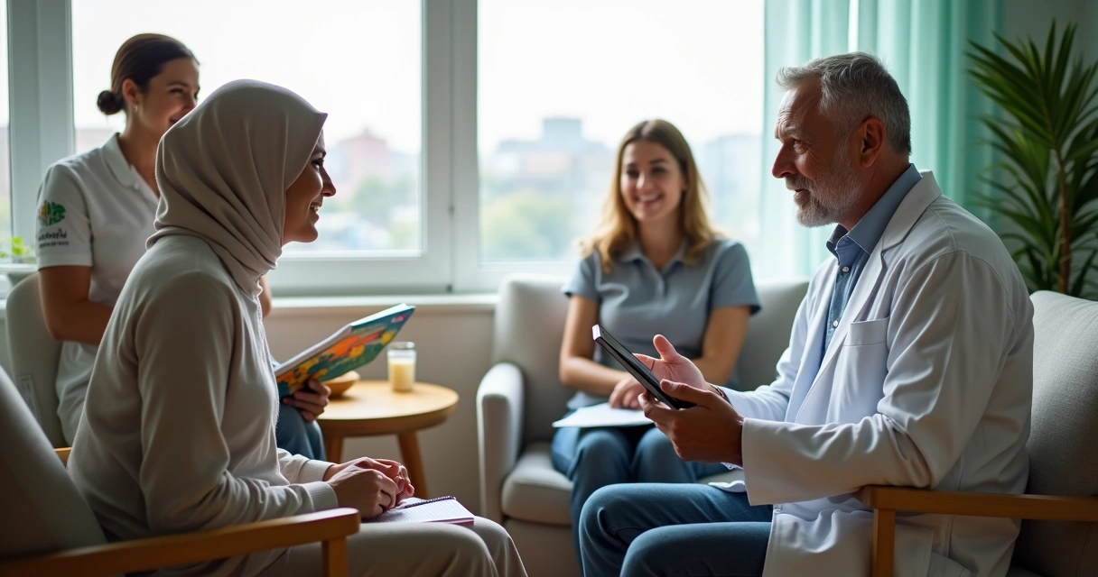 Oncologista conversando com paciente em consultório ao lado de equipe multidisciplinar 