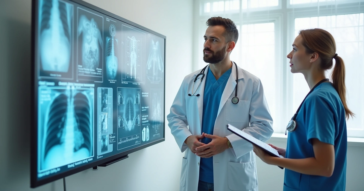 Médico oncologista e radioterapeuta em ambiente clínico discutindo plano de tratamento oncológico 