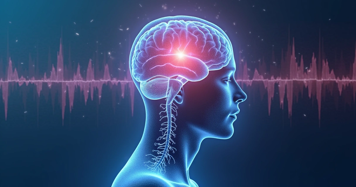 Gráfico de ondas cerebrais sobre cabeça humana vista de perfil 