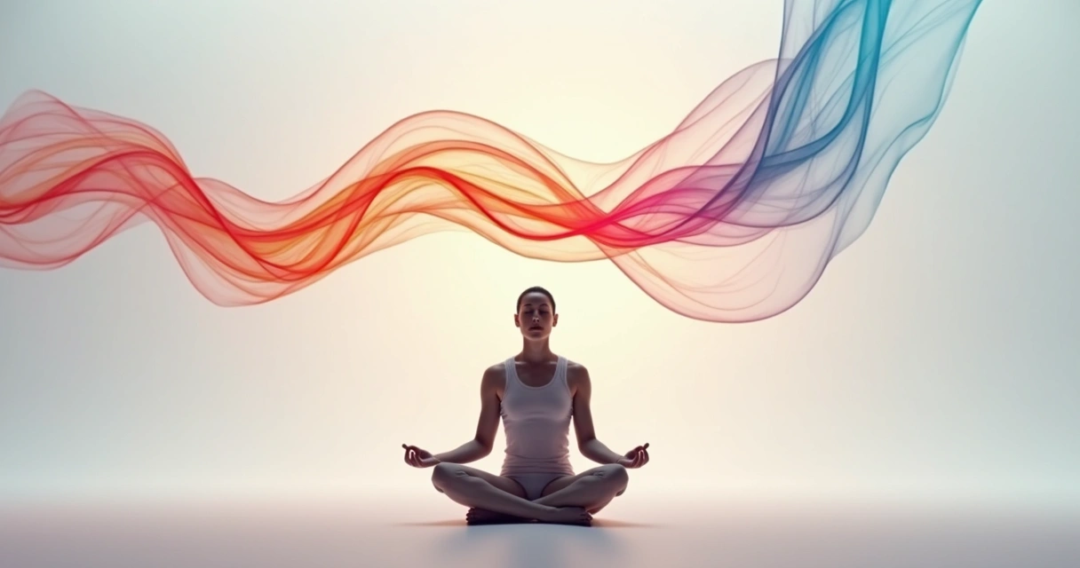 Onda colorida representando emoção fluindo sobre uma pessoa sentada 