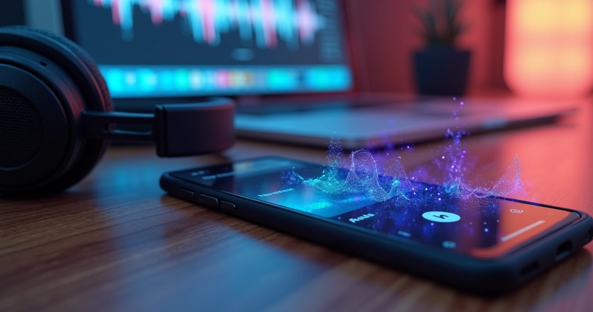 Visual de ondas sonoras digitais saindo de um smartphone com player de rádio aberto 