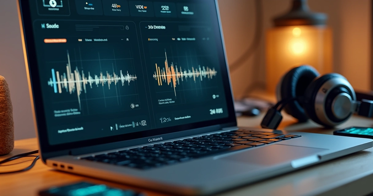 Visualização de ondas de áudio digitais com diferentes qualidades de bitrate em tela de computador 