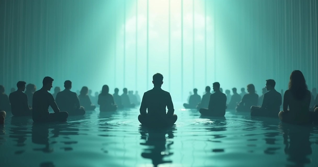 Ondas originando de uma pessoa sentada, se espalhando por uma cadeia de pessoas ao fundo 