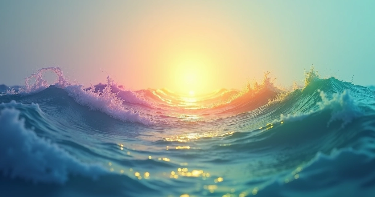 Ondas de luz representando pensamentos se unindo no horizonte 