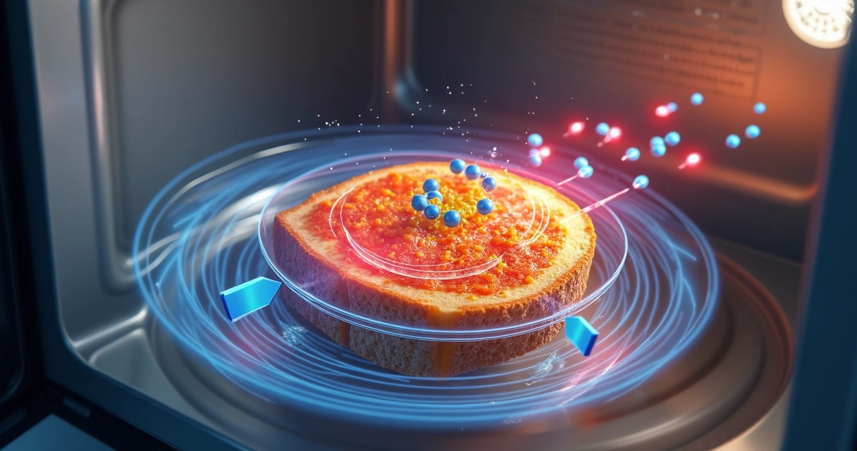 Ilustração colorida mostrando ondas eletromagnéticas penetrando alimento 