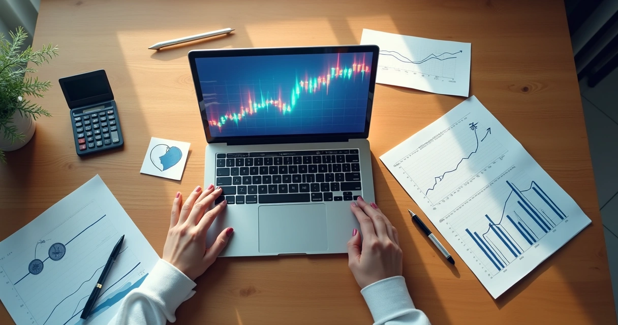 Mesa vista de cima com ondas coloridas saindo de gráficos financeiros 