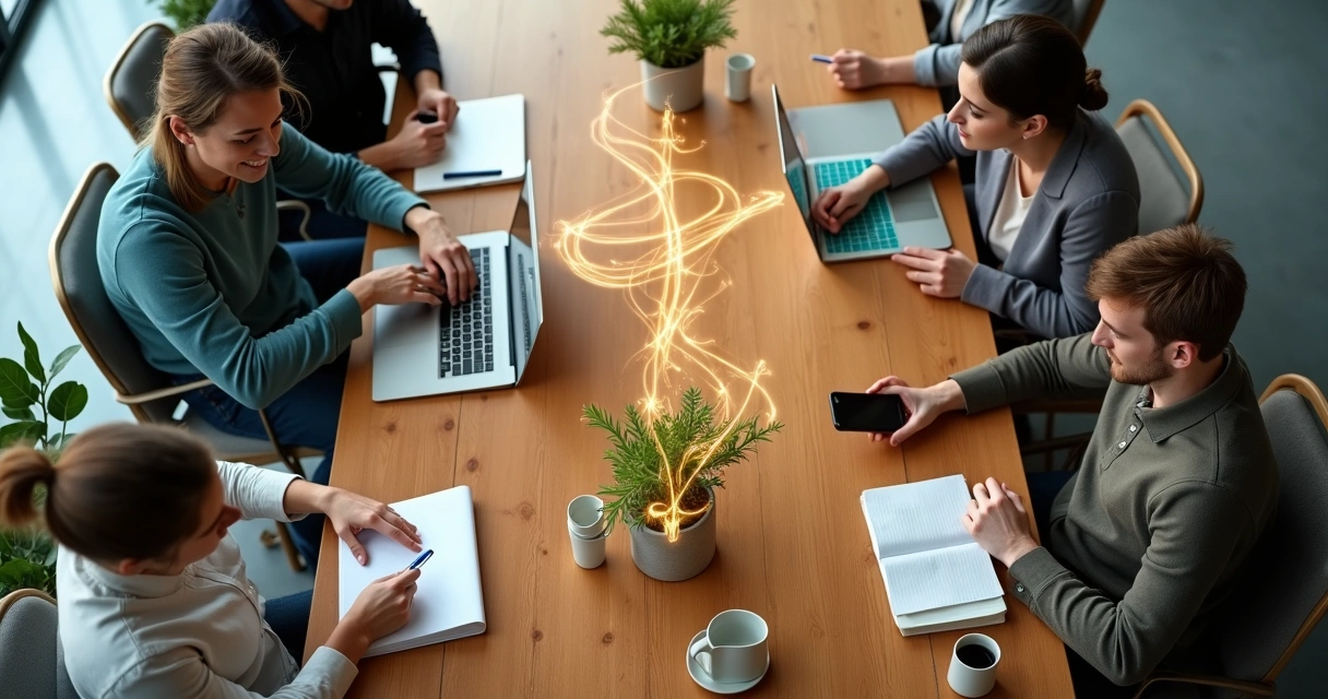 Vista cenital de personas conectadas por ondas de luz que salen de sus acciones cotidianas 