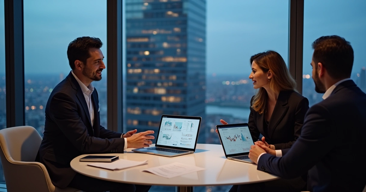Real estate agent advising clients in a luxury lounge overlooking One Manhattan Square 
