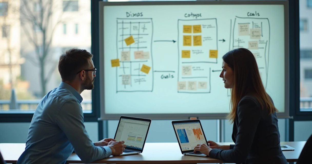 Gestor em reunião 1:1 em sala moderna analisando resultados e plano de desenvolvimento 