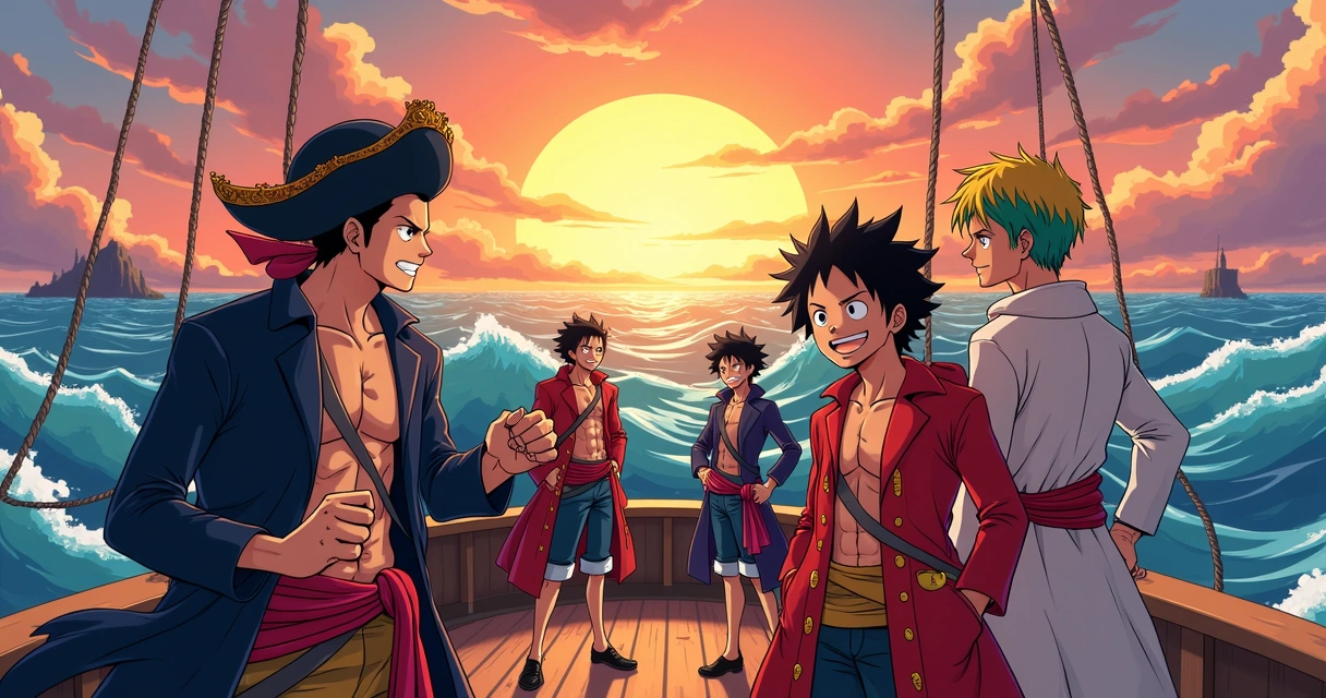 Tripulação de piratas de anime em navio, mar agitado e céu colorido no entardecer, clima de aventura, estilo vibrante 