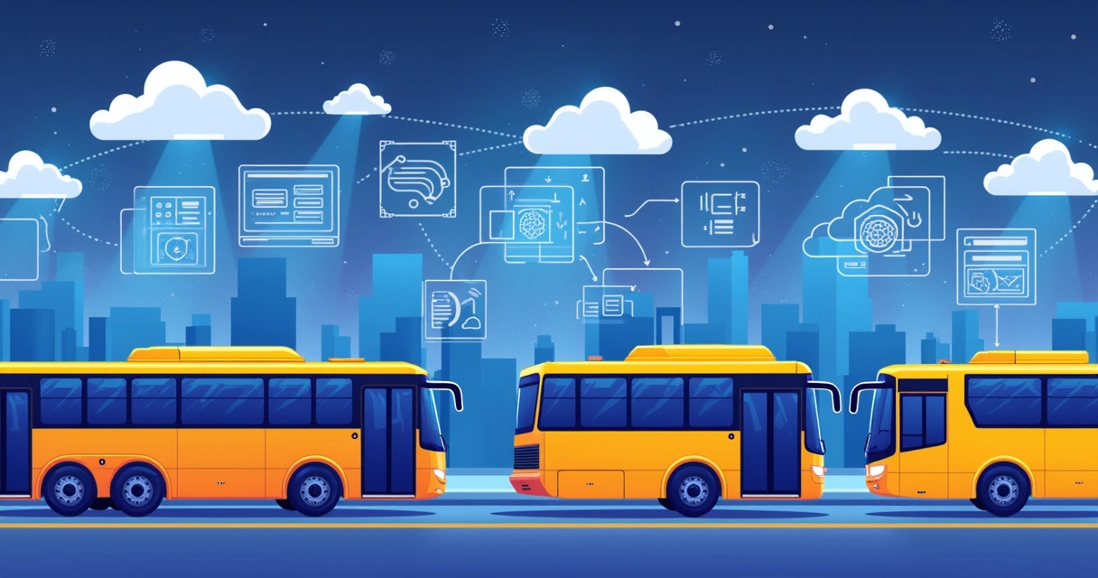 Desenho de terminal de ônibus em Curitiba com nuvem de dados e servidores conectados 