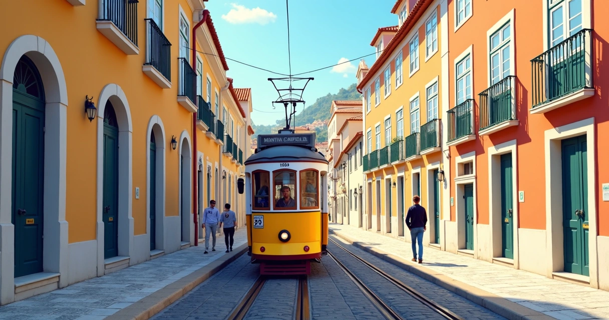 Ônibus elétrico colorido cruzando rua de Lisboa 