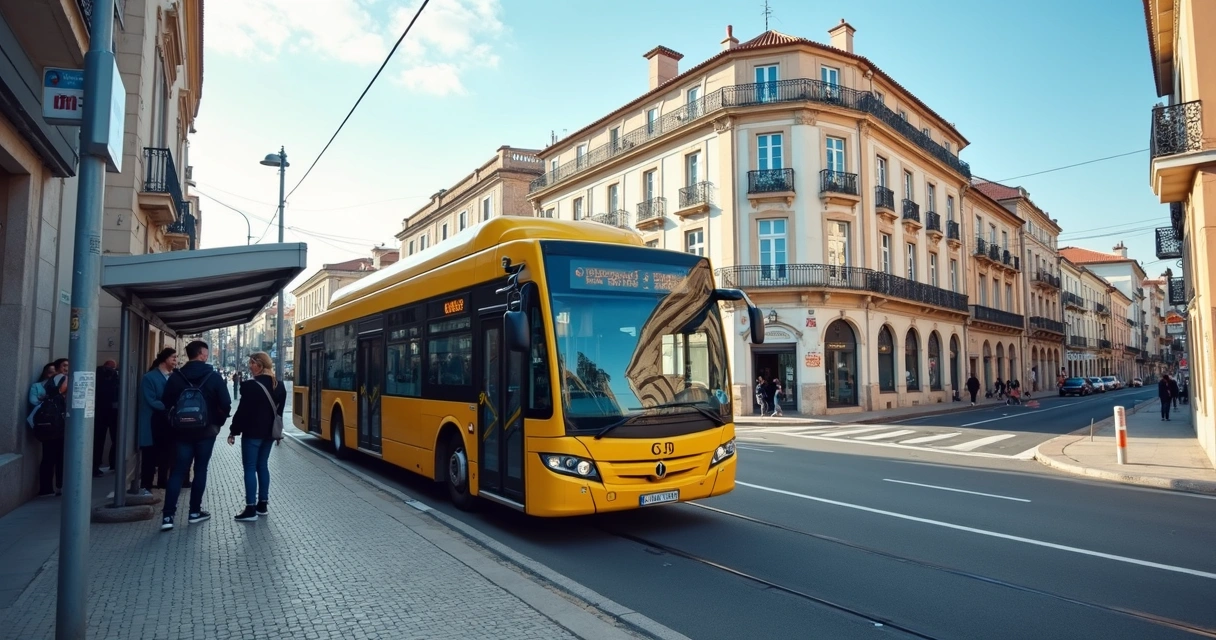 Ônibus urbano em Portugal passando por avenida com prédios históricos 