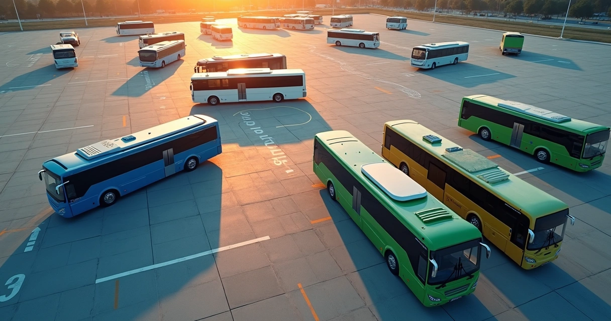 Fila de ônibus de fretamento coloridos vistos de cima formando rotas em um pátio organizado 