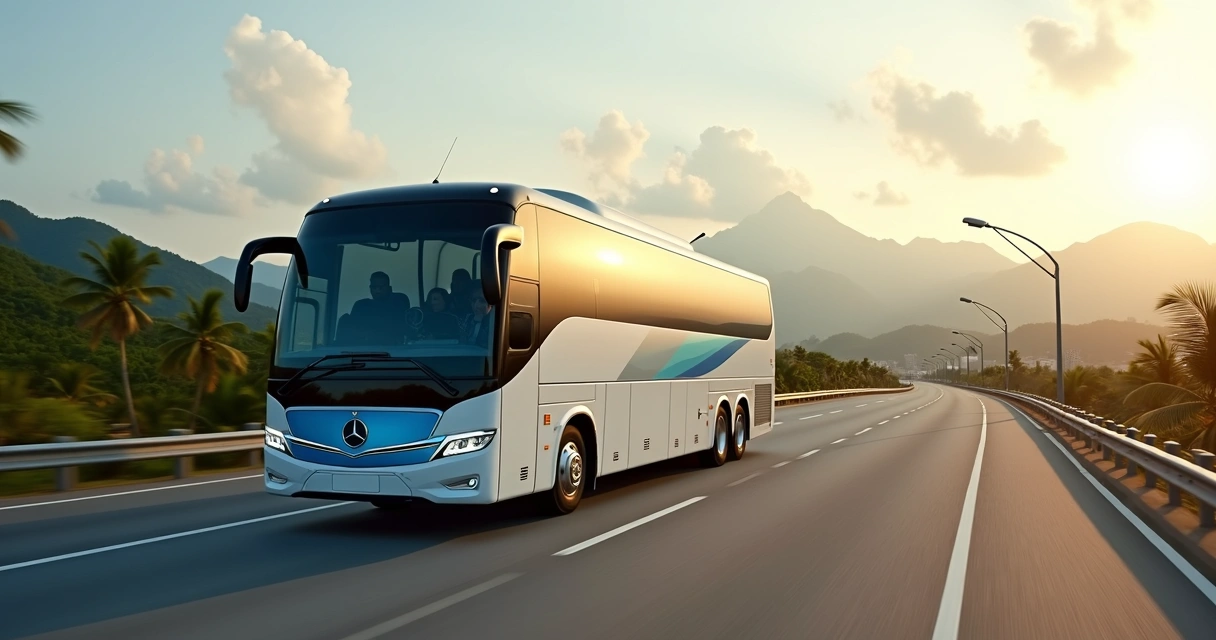 Ônibus rodoviário Mercedes-Benz Irizar em estrada tropical na América Central 