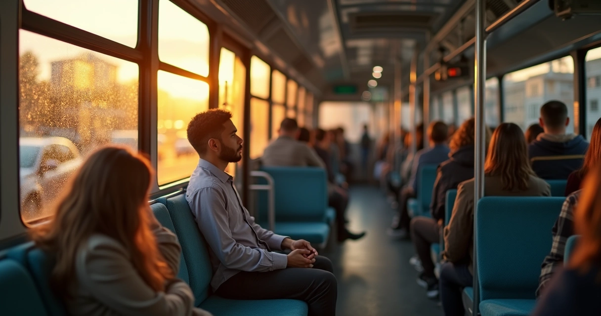 Passageira calma observando paisagem pela janela de um ônibus urbano ao entardecer 
