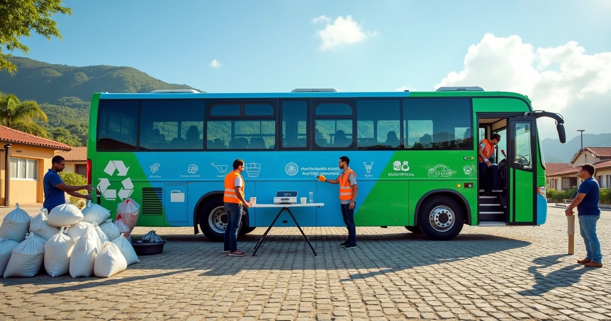 Ônibus de reciclagem estacionado recebendo entrega de plástico no Vale do Paraíba 