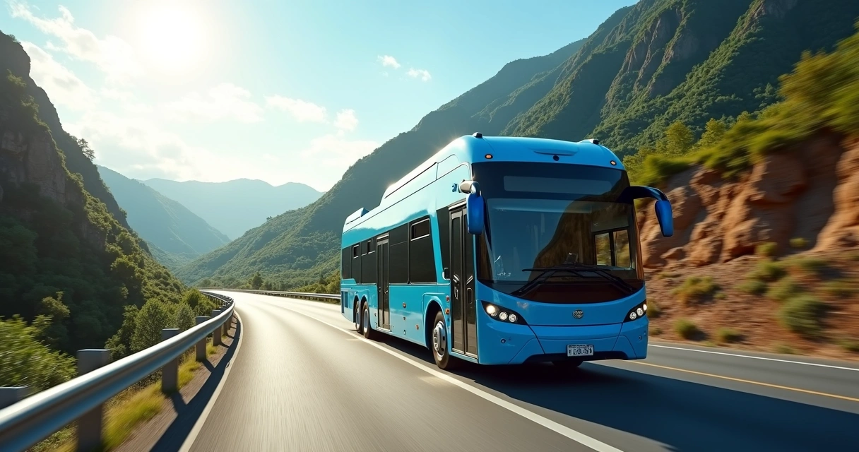 Ônibus rodoviário azul em estrada cercada por montanhas e vegetação 