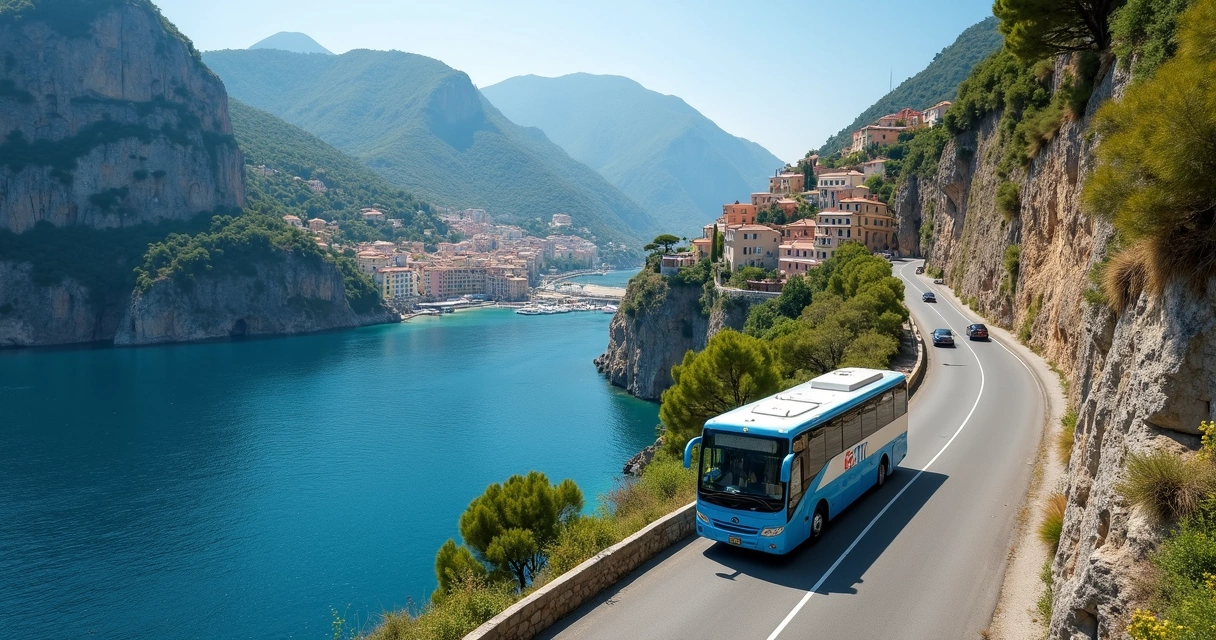 Ônibus azul SITA na estrada da Costa Amalfitana com mar ao fundo 