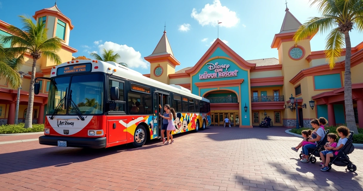 Ônibus temático Disney estacionado na entrada de hotel colorido