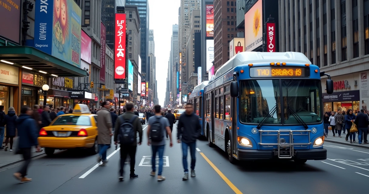 Ônibus urbano de Nova York em ponto de ônibus 