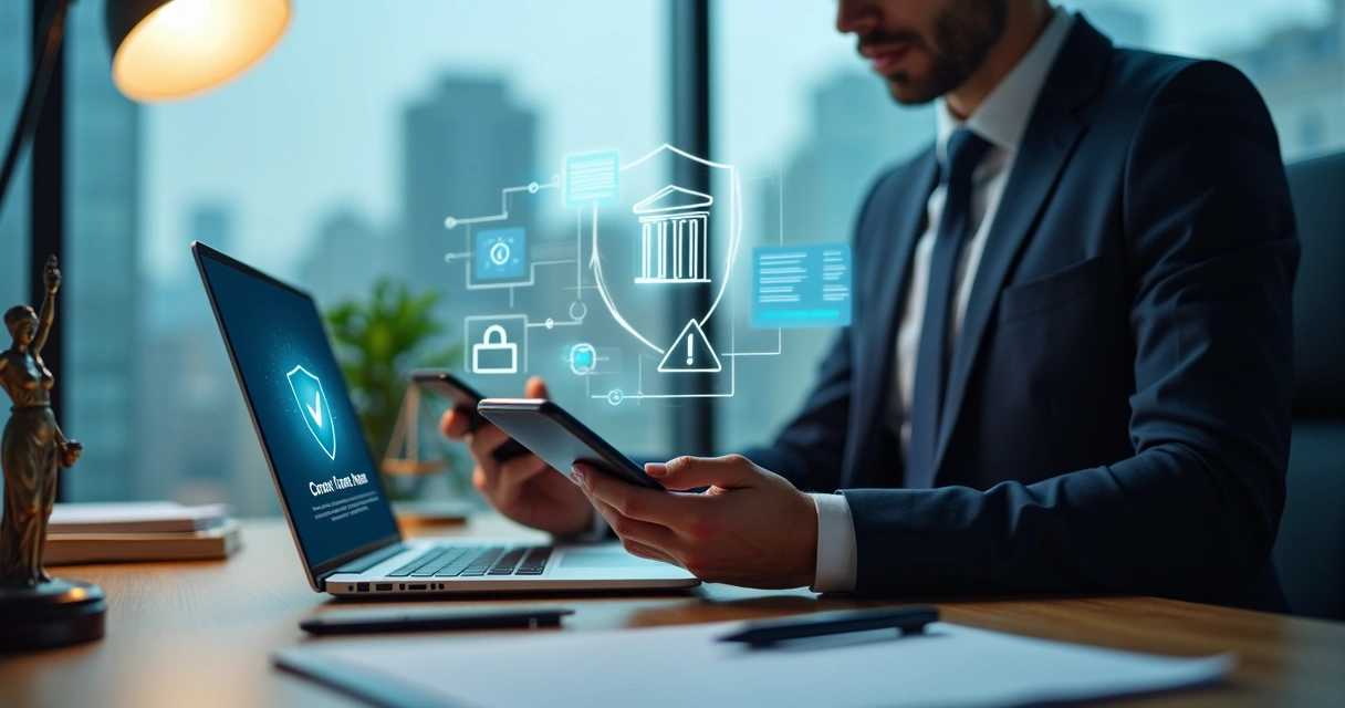 Lawyer holding credit card and smartphone in front of bank icons and digital security graphics 