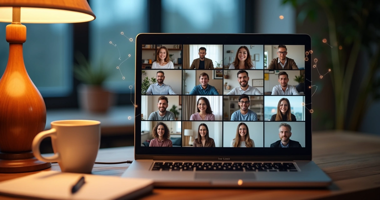 Diverse people in a video call forming a circle with connected speech bubbles 
