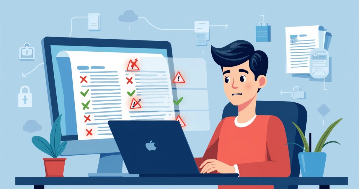 Flat illustration of a person confused in front of a computer screen showing a digital document with red warning icons and checkmarks on a blue background