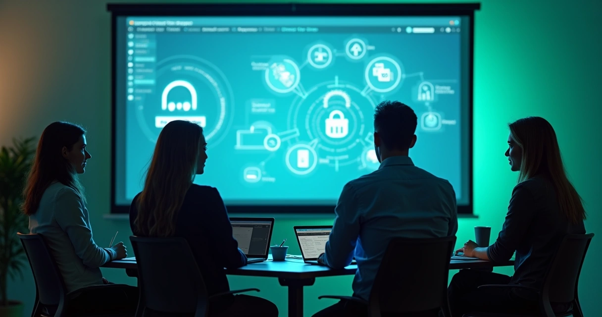 Team learning about online event security at a digital presentation 