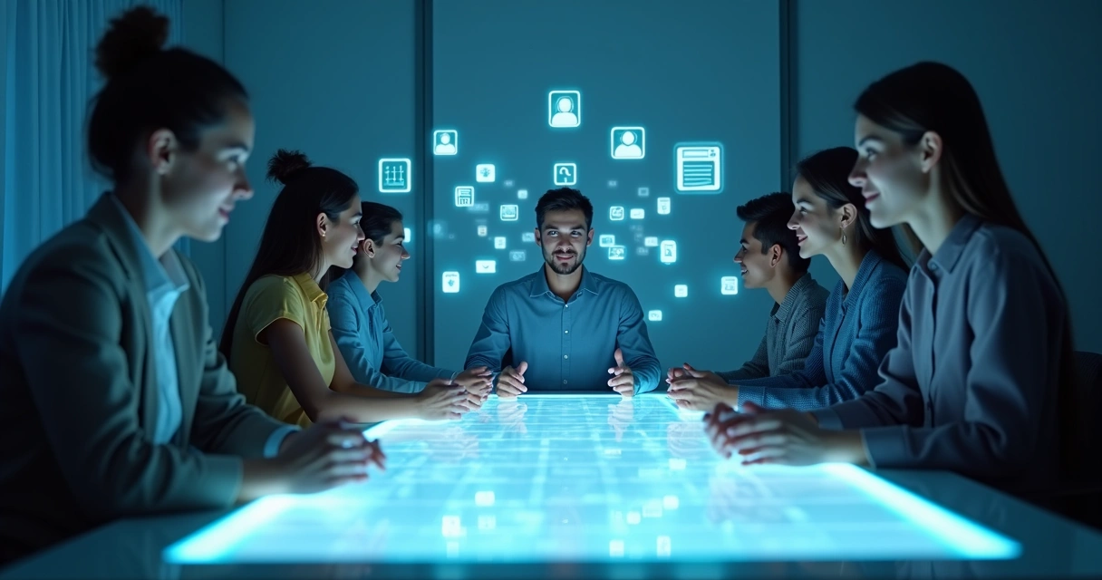 People around a digital table participating in an online group discussion