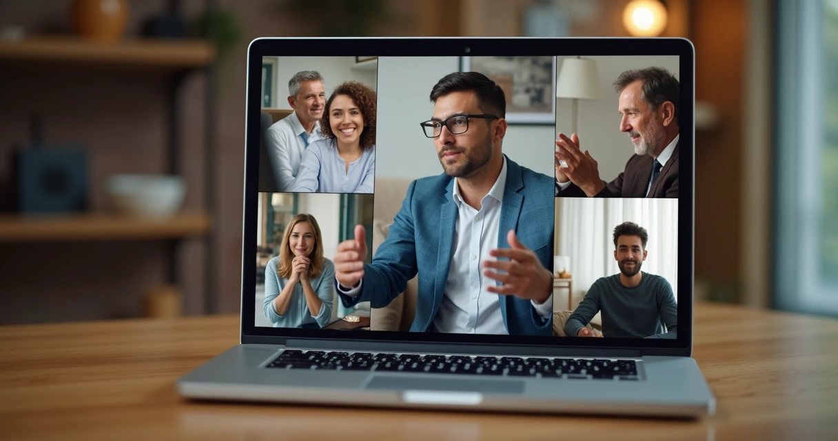 Person on a video call using expressive hand gestures and open posture