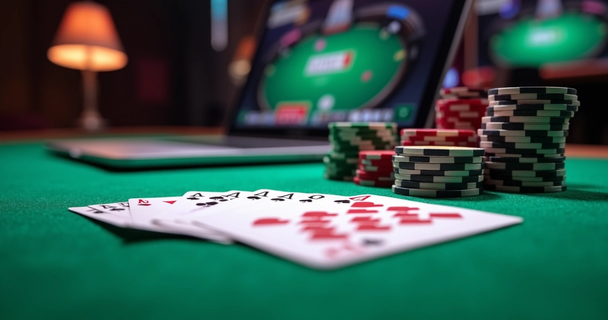 Poker cards and chips stacked on green felt table 