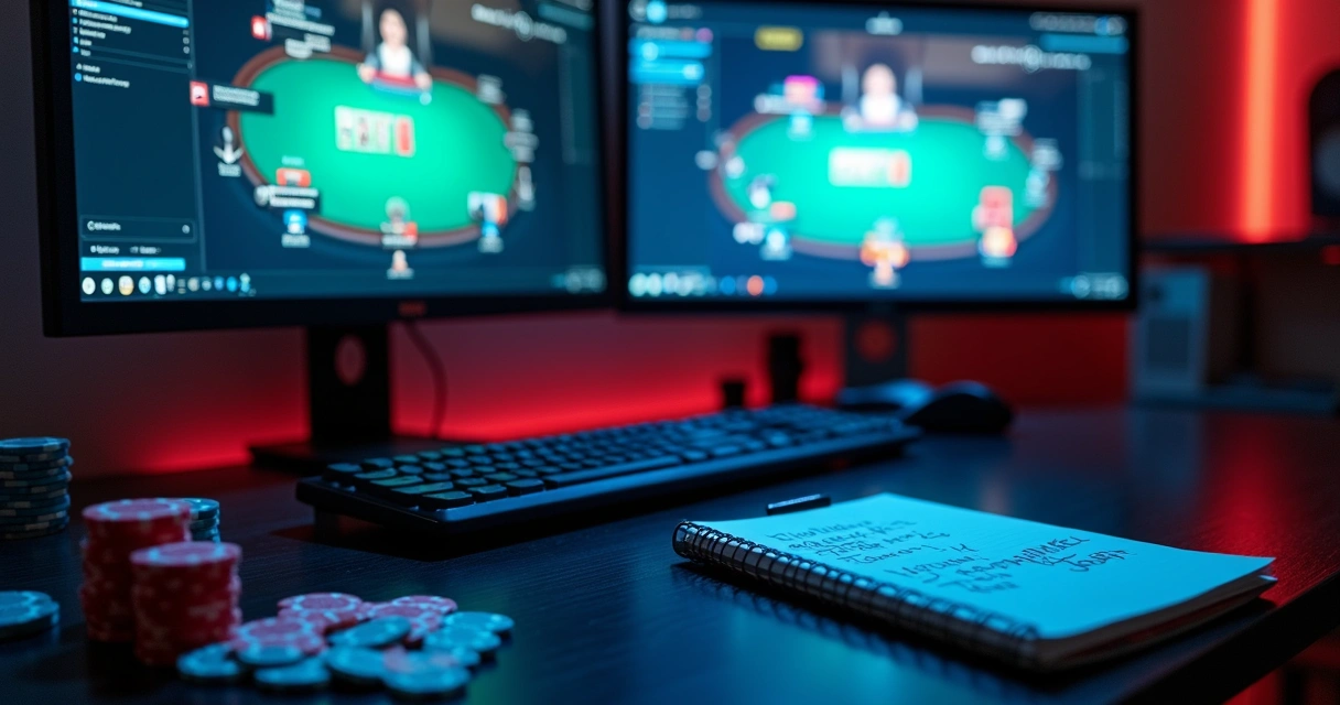 Multiple online poker tables open on a computer screen 