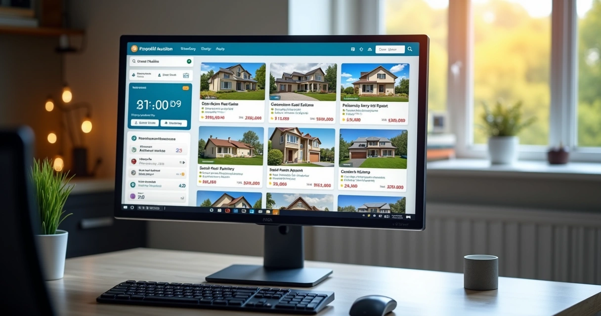 Computer screen showing an online property auction platform with real estate listings and bid options 