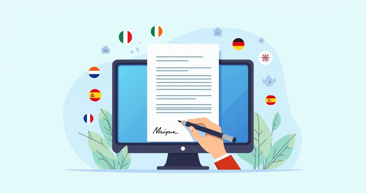 Digital document with language flags and e-signature pad 