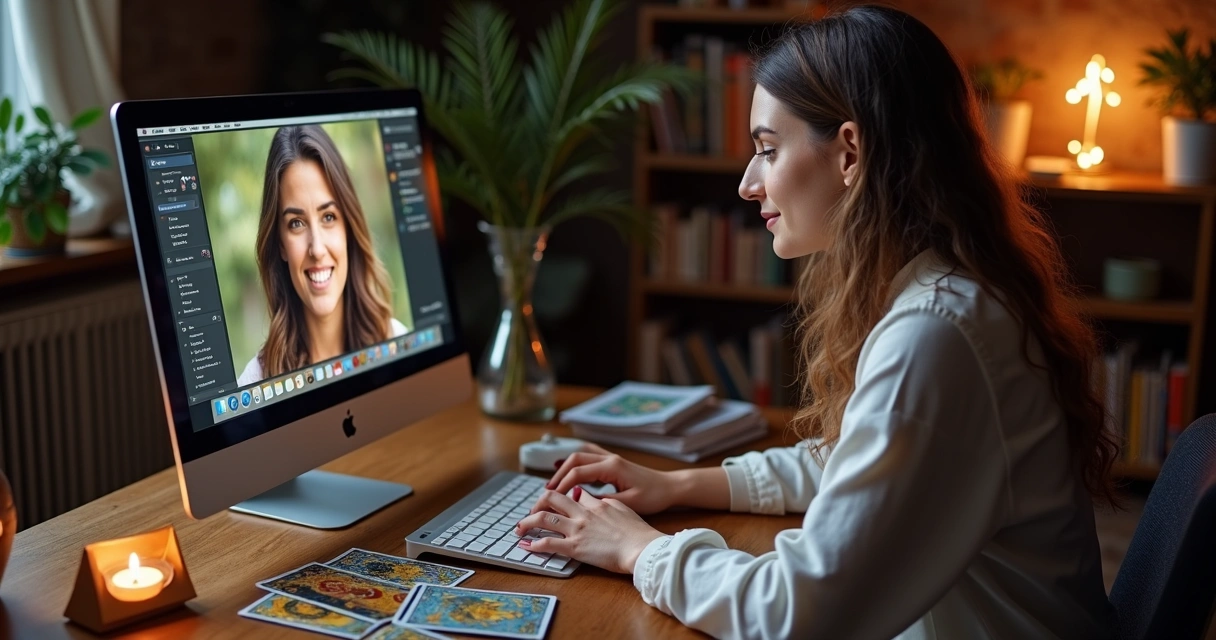 Woman giving online Tarot reading using a computer 